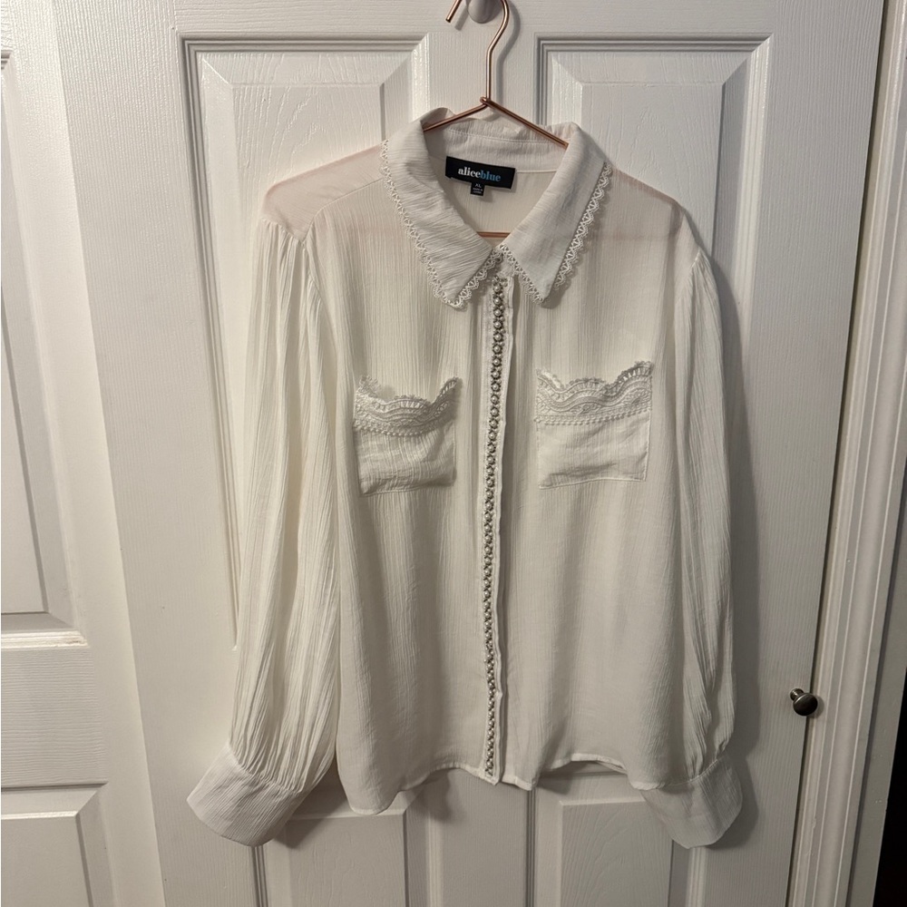 Alice Blue Embellished Button Down Shirt with Lace Details